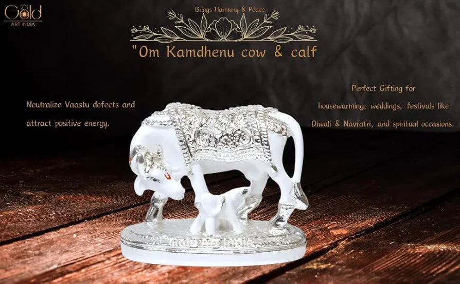 Gold Art India Kamdhenu Cow with Calf Idol White & Silver Plated Finish | Home Decor Gaay Bachda Cow |Calf for Vastu | Positive Energy | Wealth Idol Diwali Puja