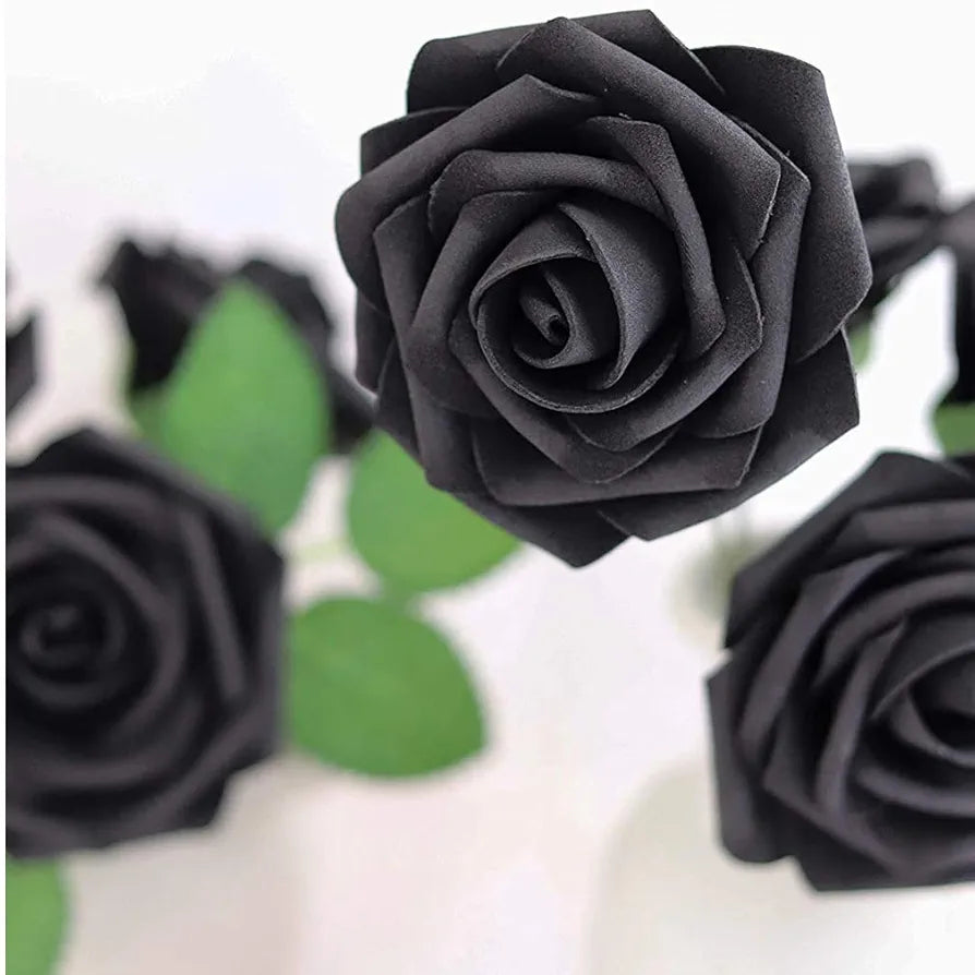Higfra Artificial Flowers 25pcs Real Looking Black Foam Fake Roses with Stems for DIY Wedding Bouquets White Bridal Shower Centerpieces Arrangements Mothers Day Party Tables Decorations