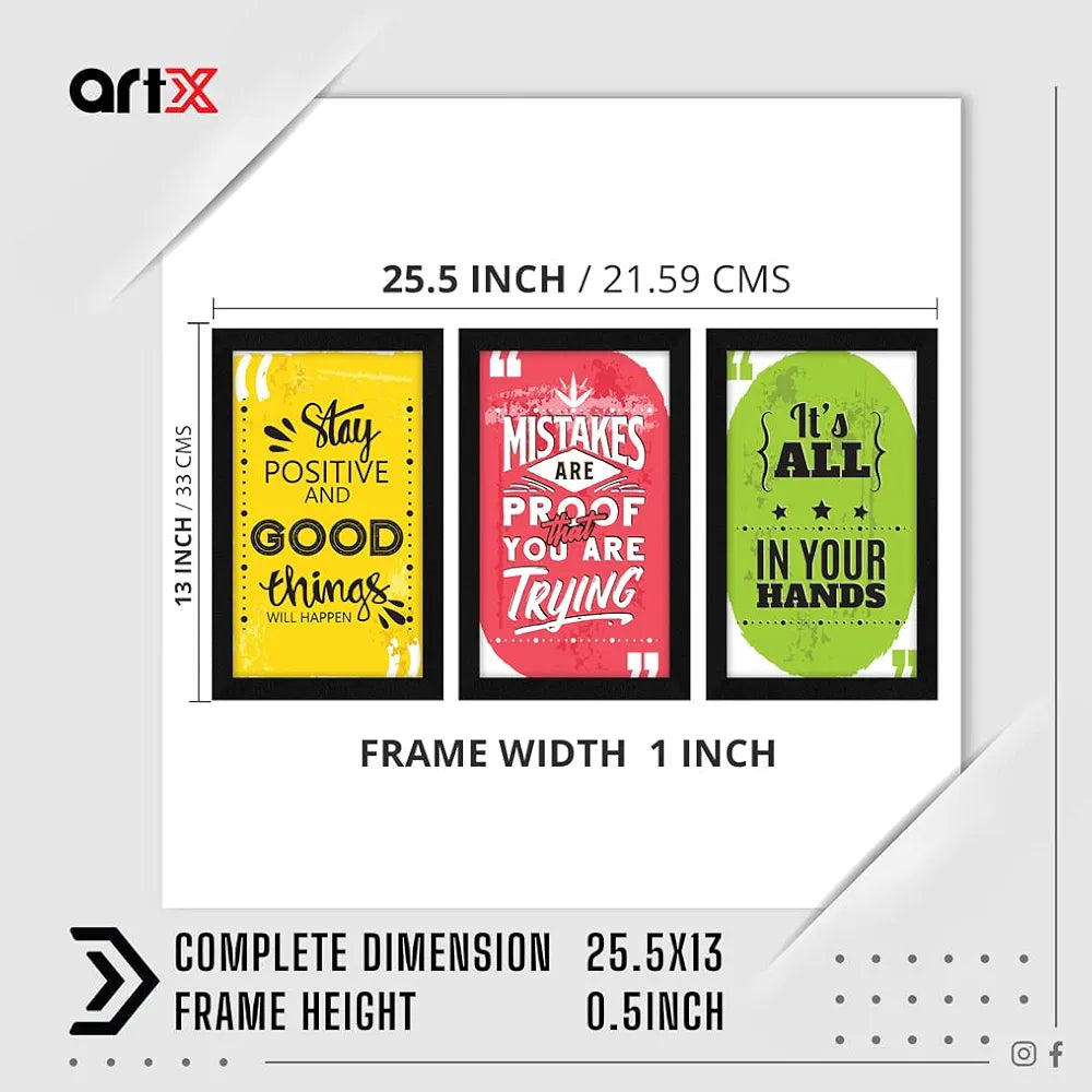 ArtX Paper Motivational Quotes Wall Art Painting, Framed Paintings 13 X 25.5 inches, 8.5 X 13 each, Multicolor, Set of 3 