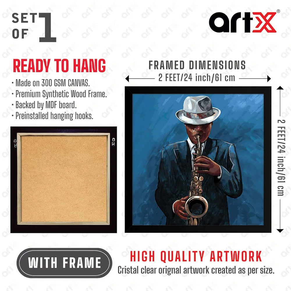 ArtX Musical instrument Man Play Saxophone Big Canvas Painting For Bedroom and Living Room With Frame, Multicolour, Square, 24.0 x 24.0 inch, 2x2 Feet, Set Of 1