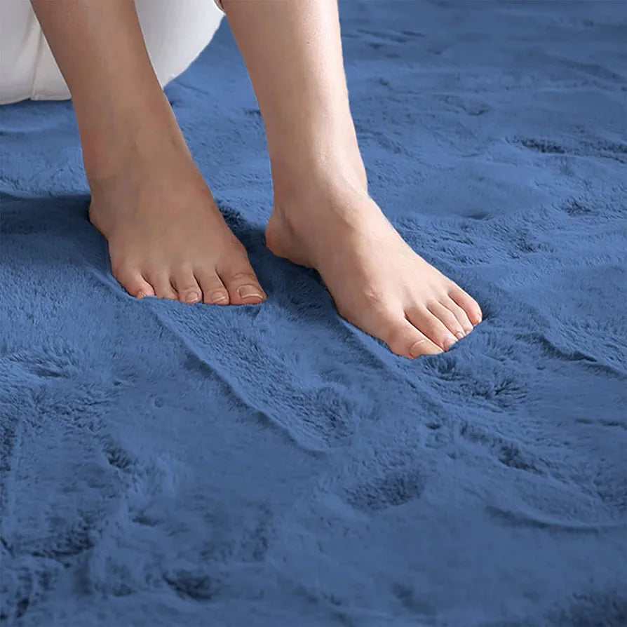 LUXE HOME INTERNATIONAL Ruffle Bath Runner Rabbit Fur 1000 Gsm Bathroom Door Foot Mats Anti Skid Water Absorbent Easy Machine Washable Rug for Entrance|Kitchen Floor|2 X 5 Ft|Blue