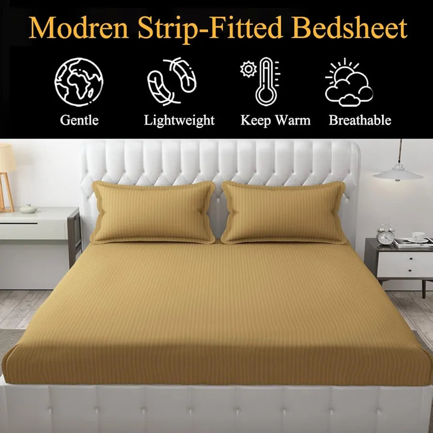 FRESH FROM LOOM 240 Tc Satin Striped King Size Soft Fitted Bedsheet with Two Pillow Cover | Elastic Fitted Bed Sheets | Hypoallergenic , Light Brown