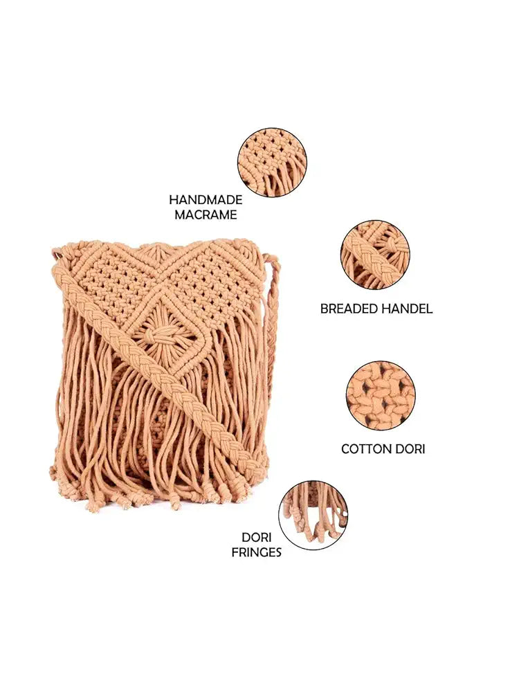 ASTRID Handmade Macrame Flap Over Sling Bag For Girls And Women