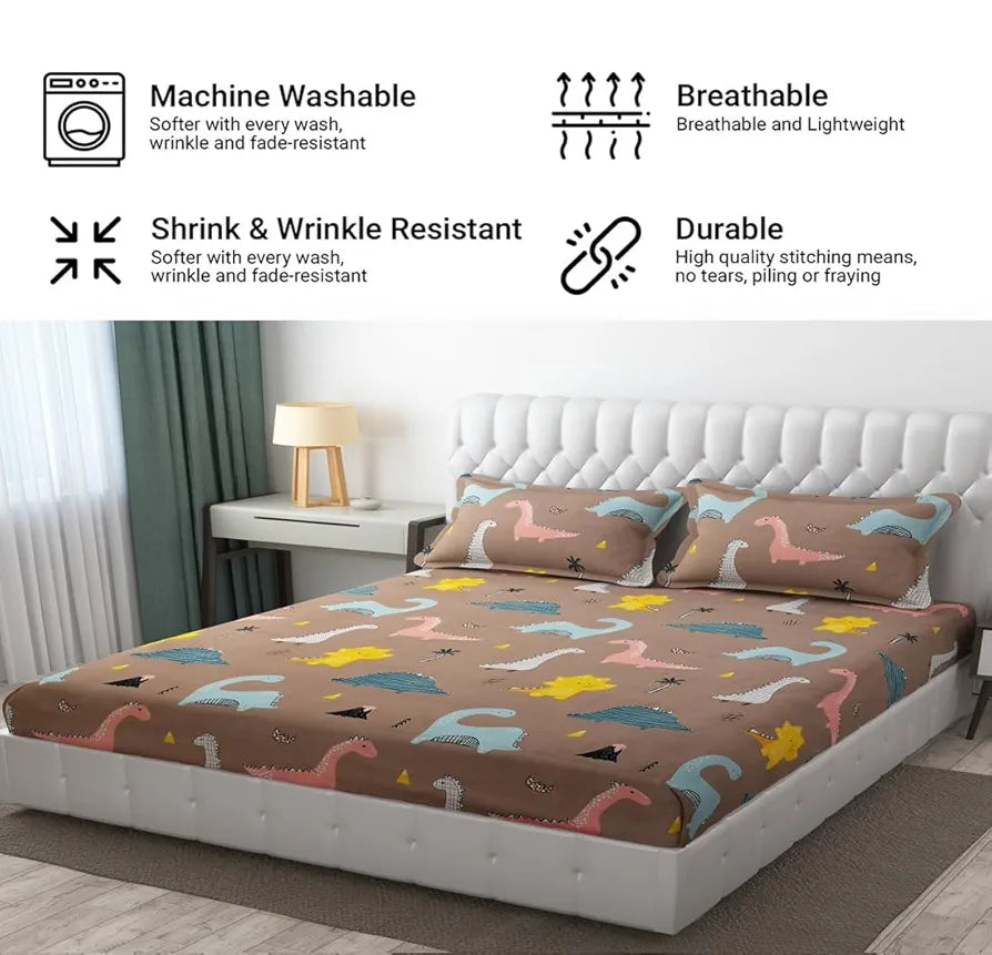 FRESH FROM LOOM Wrinkle Free Glace Animal Print Cotton Bedsheet for Kids with 2 Pillow Cover| Soft Skin Friendly | Anti Fade , 144 TC