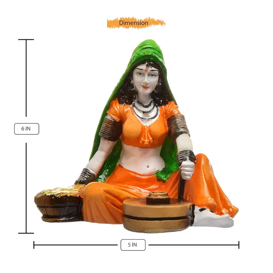 Karigaari India Hnadcrafted Polyresine Lady with Chakki Sculpture | Showpiece for Home Décor and Office