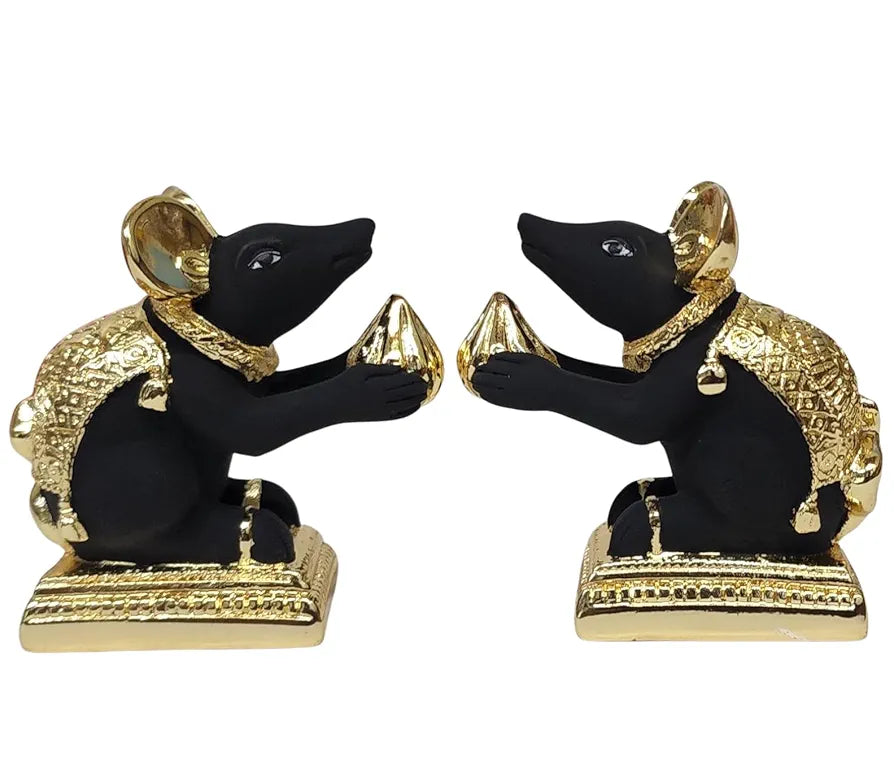 Gold Art India Gold-Plated Mushak  Mouse Pair with Modak | Black Terracotta Finish | Mouse Idol | Vehicle  of Lord Ganesha | 2.5 Inch Height | Mandir 