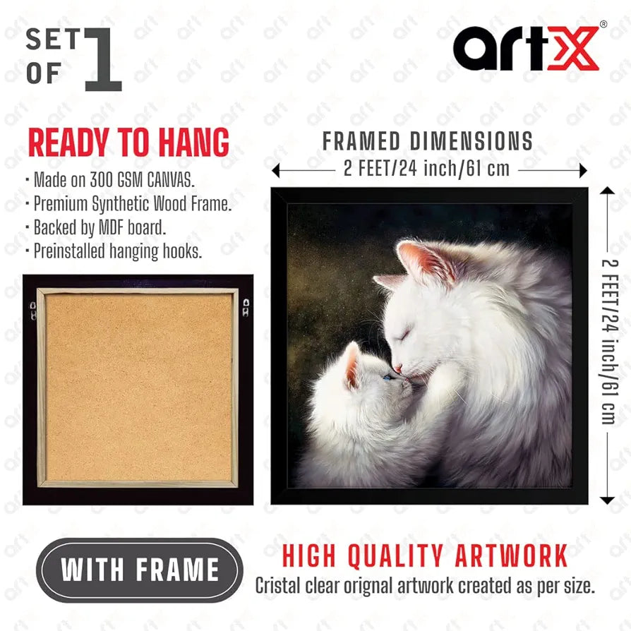 ArtX Mom Cat Family Big Canvas Painting For Bedroom and Living Room With Frame, Multicolour, Square, 24.0 x 24.0 inch, 2x2 Feet, Set Of 1