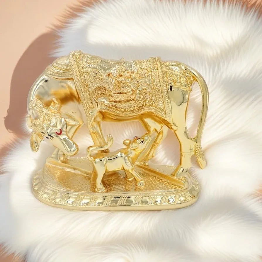 JAIPUR ACE Kamdhenu Cow with Calf Statue, Standard Size, Golden   