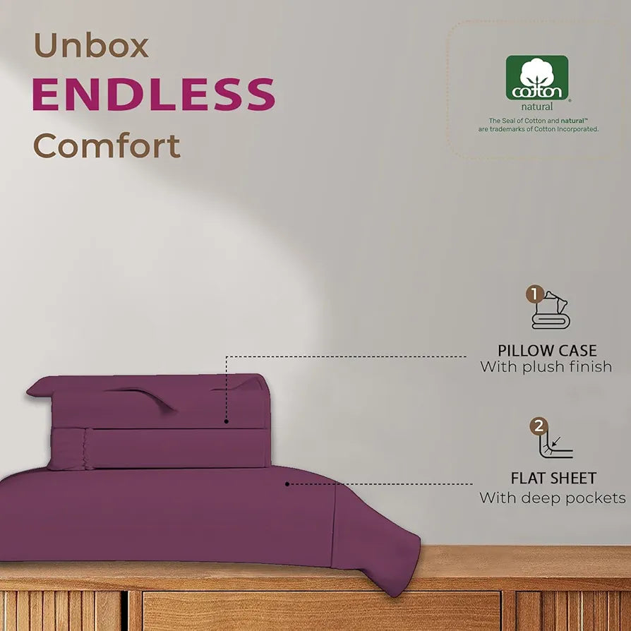 Trance Home Linen 100% Cotton 78x60 inch Queen Elastic Fitted Bedsheet | 400TC Premium Queen Double Bed Size Plain Fitted Elastic Bed Sheet with 2 Pillow Covers 