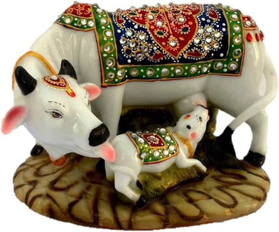 NRSON® Handicraft Decorative Marble dust Cow with Calf/Polyresin Cow and Calf Big Statue 5 x 3 x 3 inch 