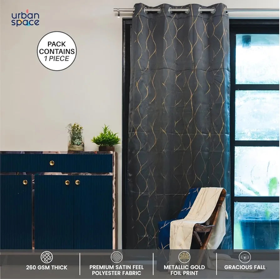 Urban Space Blackout Curtain for Living Room, Gold Foil Printed Luxurious 80-85% Blackout Decorative Curtain Eyelet with Tieback Curtains for Home Decor, 1 Piece 