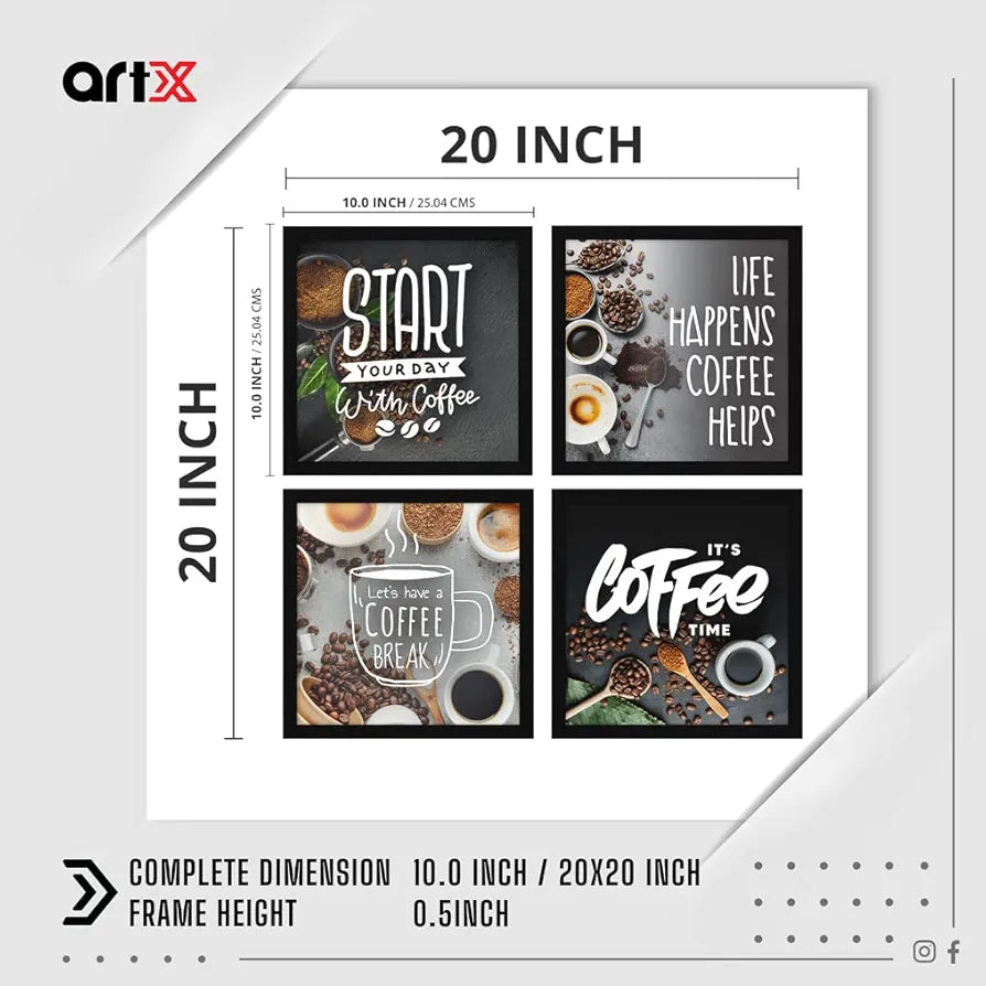 ArtX Kitchen Food Coffee Spices Motivational Funny Quotes Wall Art Painting, Framed Posters, 20 X 20 inches, 10.0 X 10.0 inches Each, Multicolor, Synthetic Wood, Set of 4 