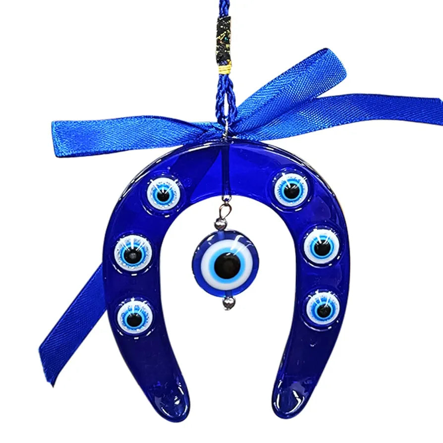 Shubhanjali Glass Blue Evil Eye Ghode Ki Naal Hanging For Main Door Entrance Turkish Evil Eye Horseshoe For Wall Hanging Car Home Décor,6 Cm