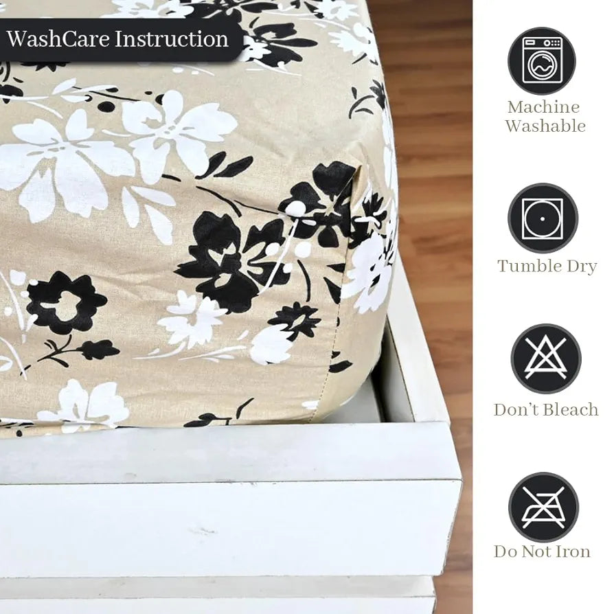 Divine Casa Floret 100% Cotton Double Fitted Bedsheet | 144 TC | Deep Pocket Design | Soft & Breathable Fabric | Durable & Easy Care | 200 x 150 + 25 CM, Ivory Sunflowers