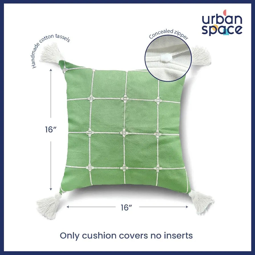 Urban Space Embroidered Cotton Cushion Cover Set of 2, 16 inch x 16 inch Cushion Covers for Sofa, Bedroom, Living Room 