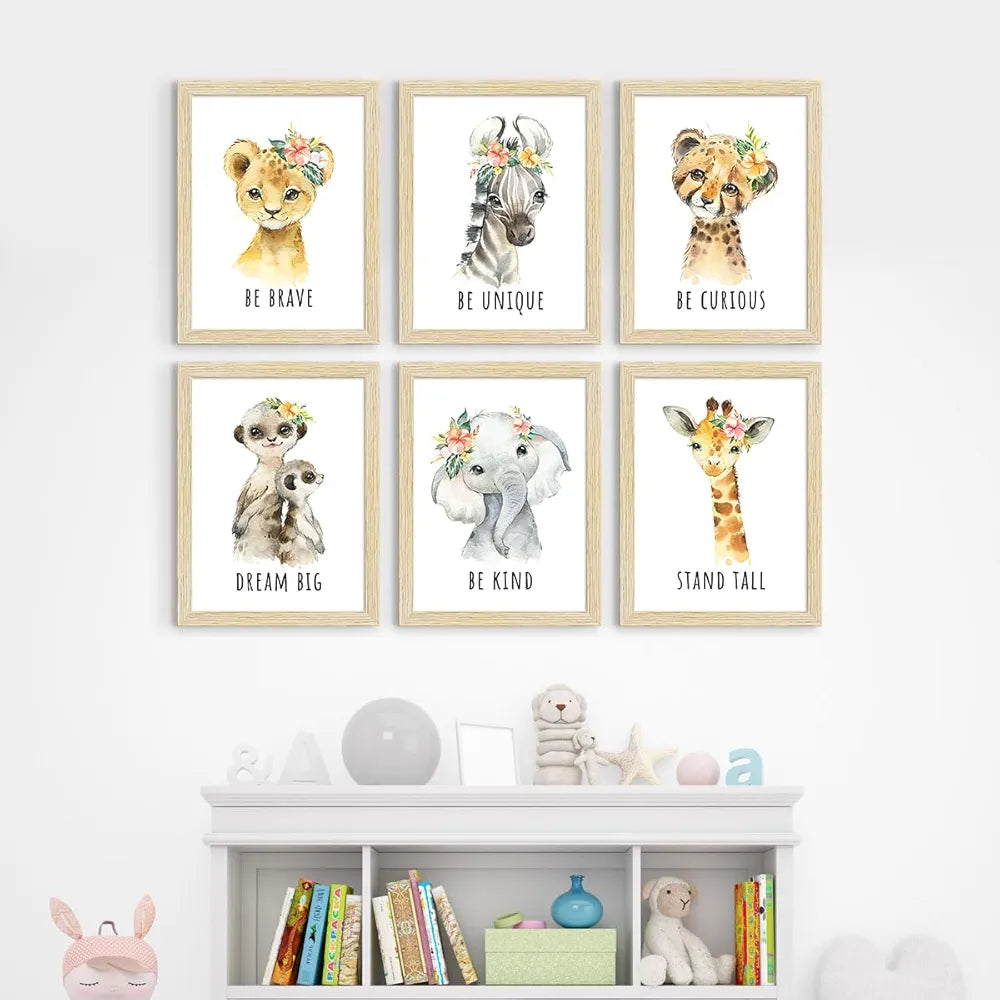 ArtX Wall Paintings For Kids Room, Animals Kids Room Wall Frame, Kids Room Decor, A4 Size, Multicolor, Synthetic Wood, Set Of 6