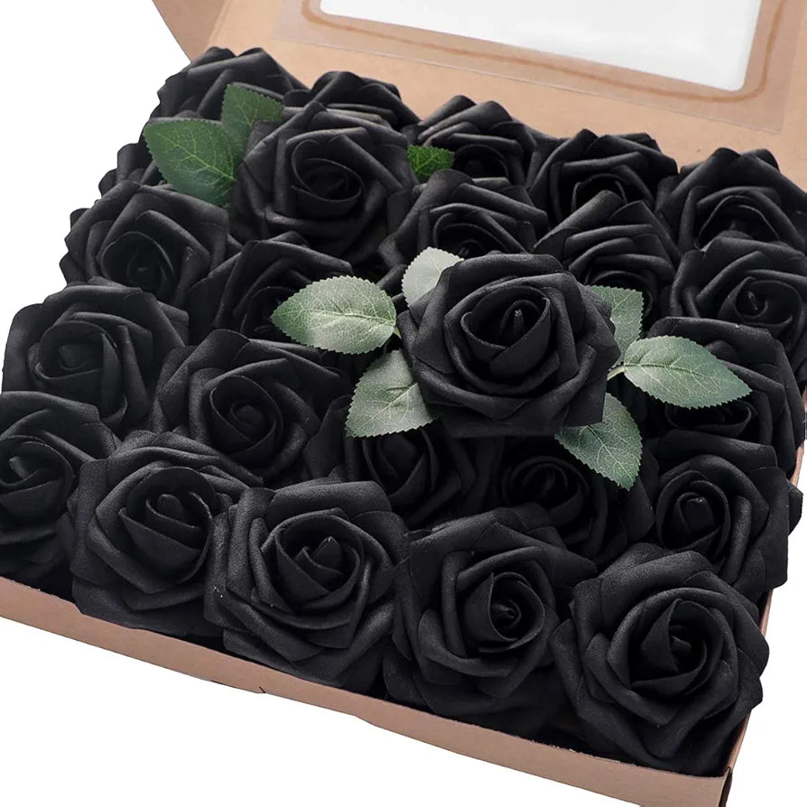 Floroom Artificial Flowers Black Roses 25pcs Real Looking Fake Roses w/Stem for DIY Wedding Bouquets Centerpieces Arrangements Party Home Halloween Decorations