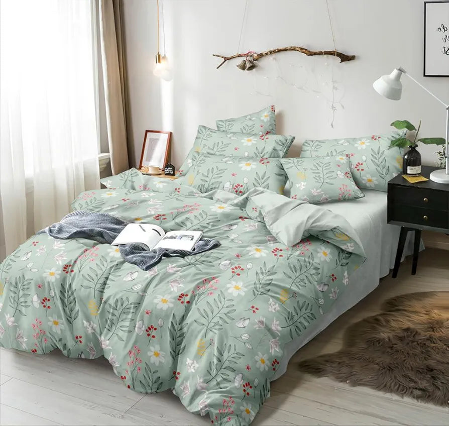 THE HOME STYLE Cotton Feel Glace Cotton Elastic Fitted Printed Double Bed King Size Bedsheet With 2 Pillow Cover,300 TC,Green