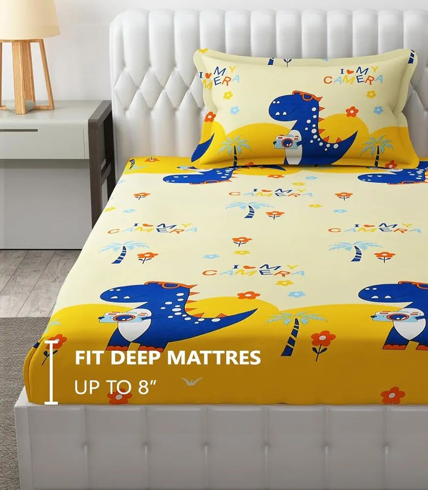 FRESH FROM LOOM Glace Cotton Wrinkle Free Soft Hypoallergenic Elastic Fitted Bed Sheet,Cartoon Printed,Bedsheet for Kids Room Boys Girls,Dinosaur),300 TC,Multicolor