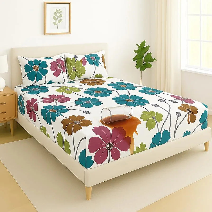 HOMEKART Waterproof Fitted Bedsheet for King Size 78x72+10 inch | Leakproof, Noiseless, Skin-Friendly | Elastic Bed Sheet with 2 Pillow Covers | Dustproof & Breathable -White & Blue