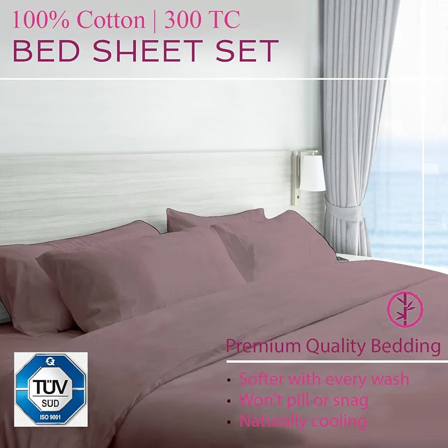 Trance Home Linen 300TC Pure 100% Cotton King Fitted Bedsheet with 2 Pillow Covers -