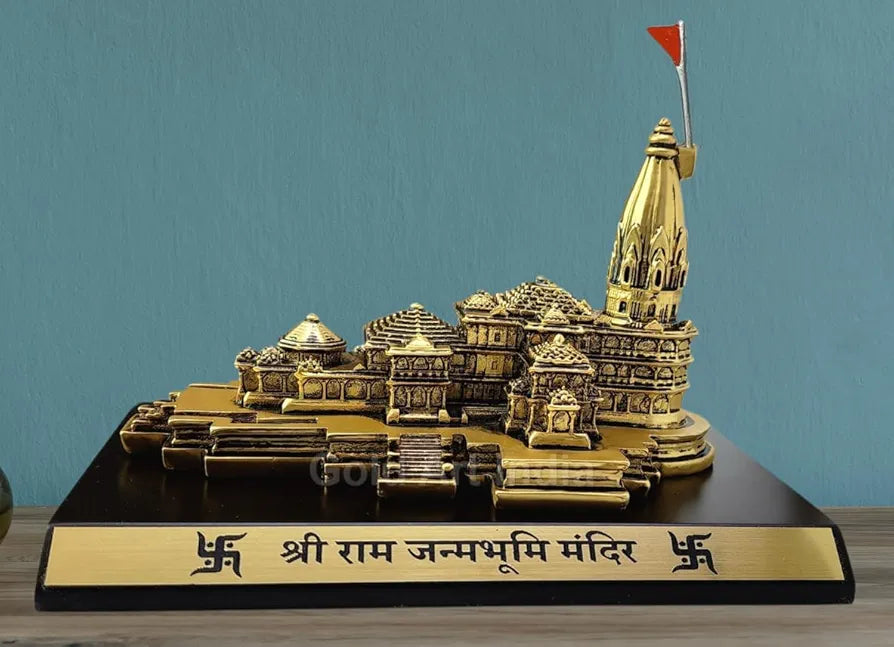 Gold Art India Ram Mandir Ayodhya Gold Plated Antique Matte - Minature for Car Dashboard, Gifting, Puja Room, Office Desk, Home Decor 