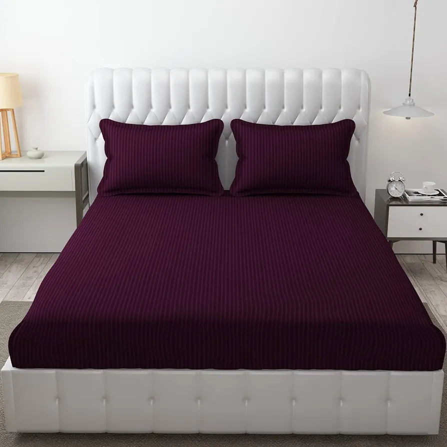 FRESH FROM LOOM Microfiber Wrinkle Resistant|Soft Skin Safe|Breathable Queen Size Flat Striped Bedsheets|Hotel & Home|Double Bedsheet Set With 2 Pillow Covers 144 TC 