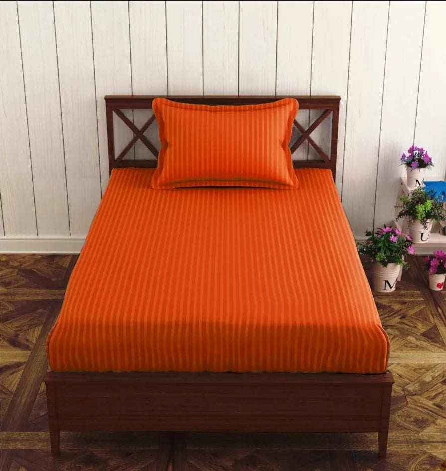 Trance Home Linen 100% Cotton 78x36 inch Single Fitted 200TC Satin Stripe Elastic Fitted Bedsheet | Single Bed Size Daily use Fitted Bedspread with 1 Pillow Covers 