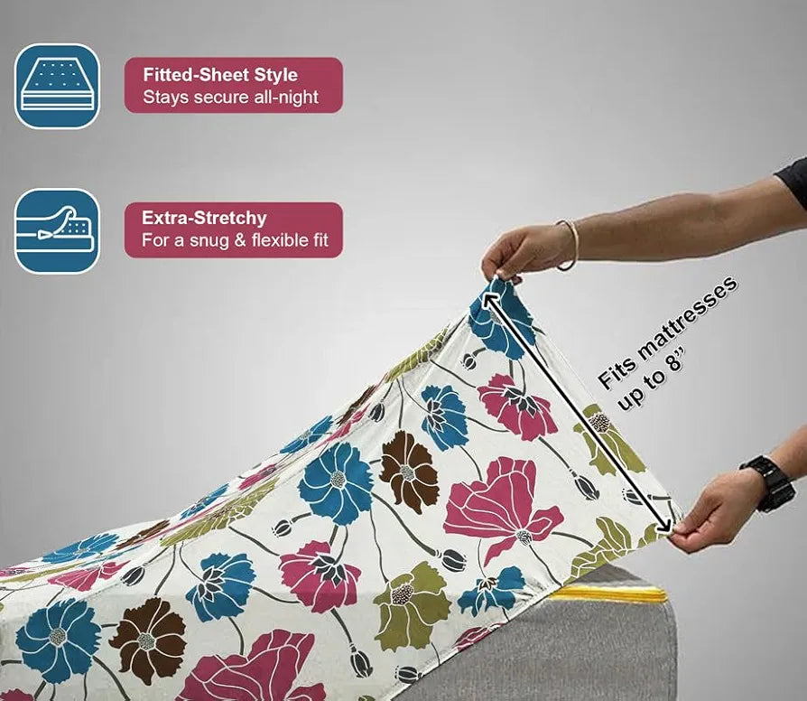 HOMEKART Waterproof Fitted Bedsheet for King Size 78x72+10 inch | Leakproof, Noiseless, Skin-Friendly | Elastic Bed Sheet with 2 Pillow Covers | Dustproof & Breathable -White & Blue