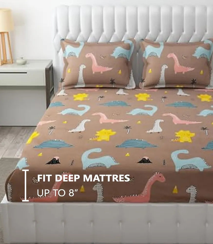 FRESH FROM LOOM Wrinkle Free Glace Cotton 300 TC Elastic Fitted Bedsheet For Kids With 2 Pillow Cover| Soft Skin Friendly|Anti Fade |Rosy/Dinosaur)