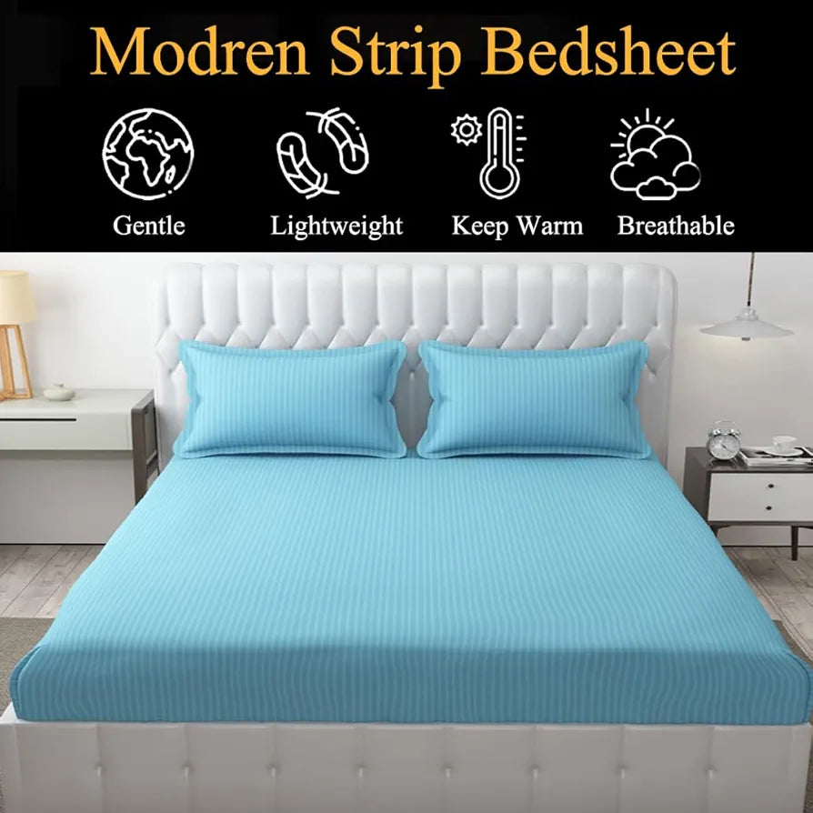 FRESH FROM LOOM Microfiber Wrinkle Resistant | Soft Skin Safe | Breathable Queen Size Flat Striped Bedsheets | Hotel & Home | Double Bedsheet Set with 2 Pillow Covers , 144 TC