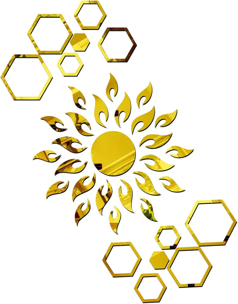 Bikri Kendra Ind - Sun with 12 Hexagon Rings  Mirror Stickers for Wall, Acrylic Sticker for Wall