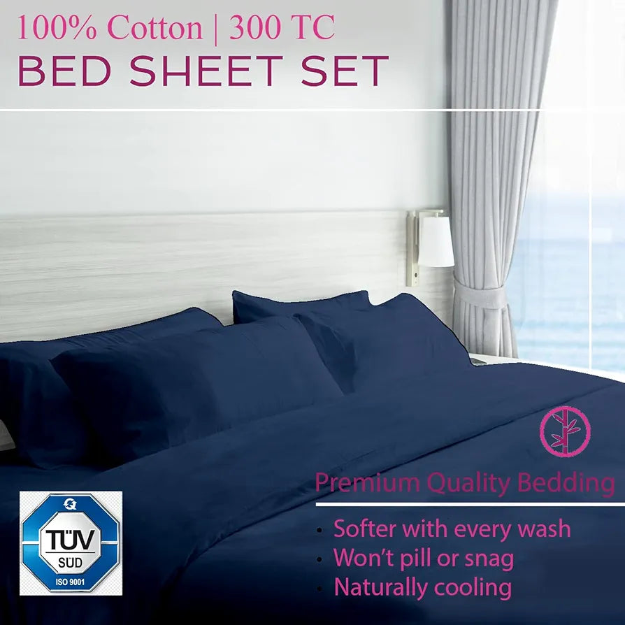 Trance Home Linen Premium 300 Tc Pure 100% Cotton Solid Single Size Fitted Bedsheet with 1 Pillow Cover,Small Single