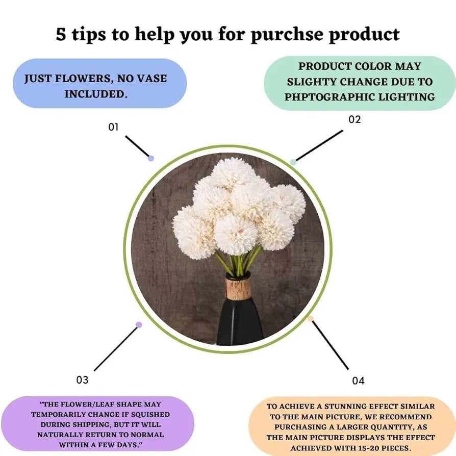 SATYAM KRAFT 5 Pcs Artificial Chrysanthemum Hydrangea Ball Flower Sticks for Home, Office, Bedroom, Balcony, Living Room, Wedding & Craft Decoration  