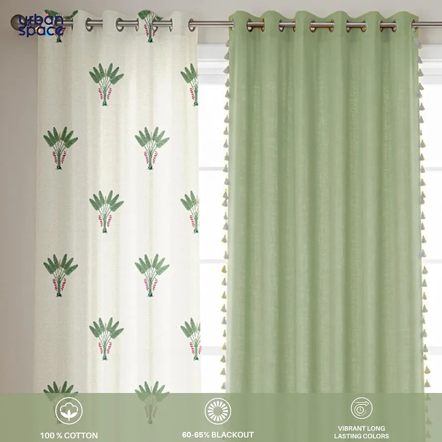 Urban Space 100% Cotton Curtains for Door, Combo Set of 3 Curtains 7 feet Long, 60-65% Room Darkening Curtain, Tieback & Eyelets Included with Curtains for Home Decor 
