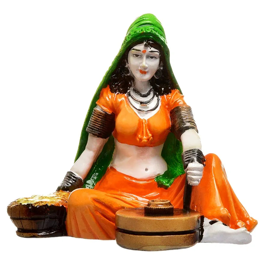Karigaari India Hnadcrafted Polyresine Lady with Chakki Sculpture | Showpiece for Home Décor and Office