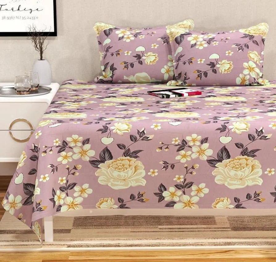 Floral Printed Cotton Feel Double Bedsheet with 2 Pillow Covers |200 Tc Soft, Breathable & Wrinkle-Free| Premium Printed Bedsheet for Home Bedroom 