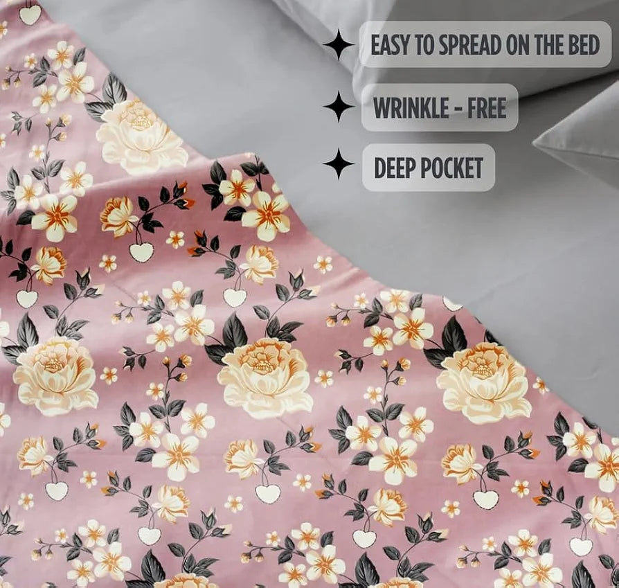 Floral Printed Cotton Feel Double Bedsheet with 2 Pillow Covers |200 Tc Soft, Breathable & Wrinkle-Free| Premium Printed Bedsheet for Home Bedroom 