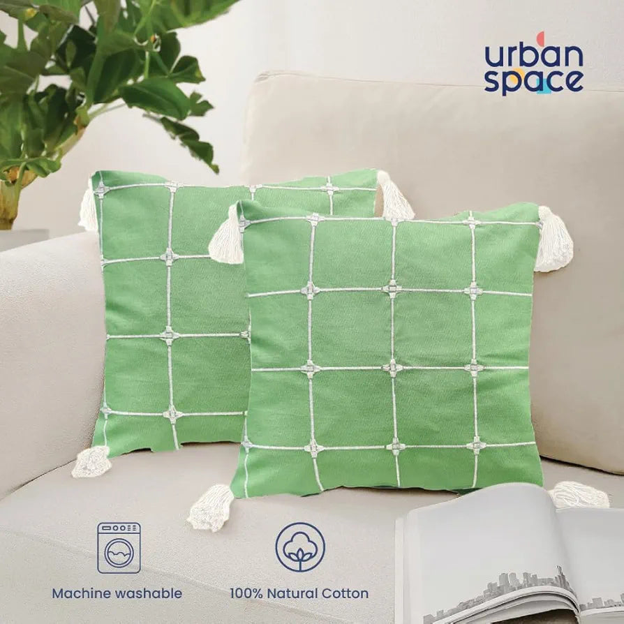 Urban Space Embroidered Cotton Cushion Cover Set of 2, 16 inch x 16 inch Cushion Covers for Sofa, Bedroom, Living Room 