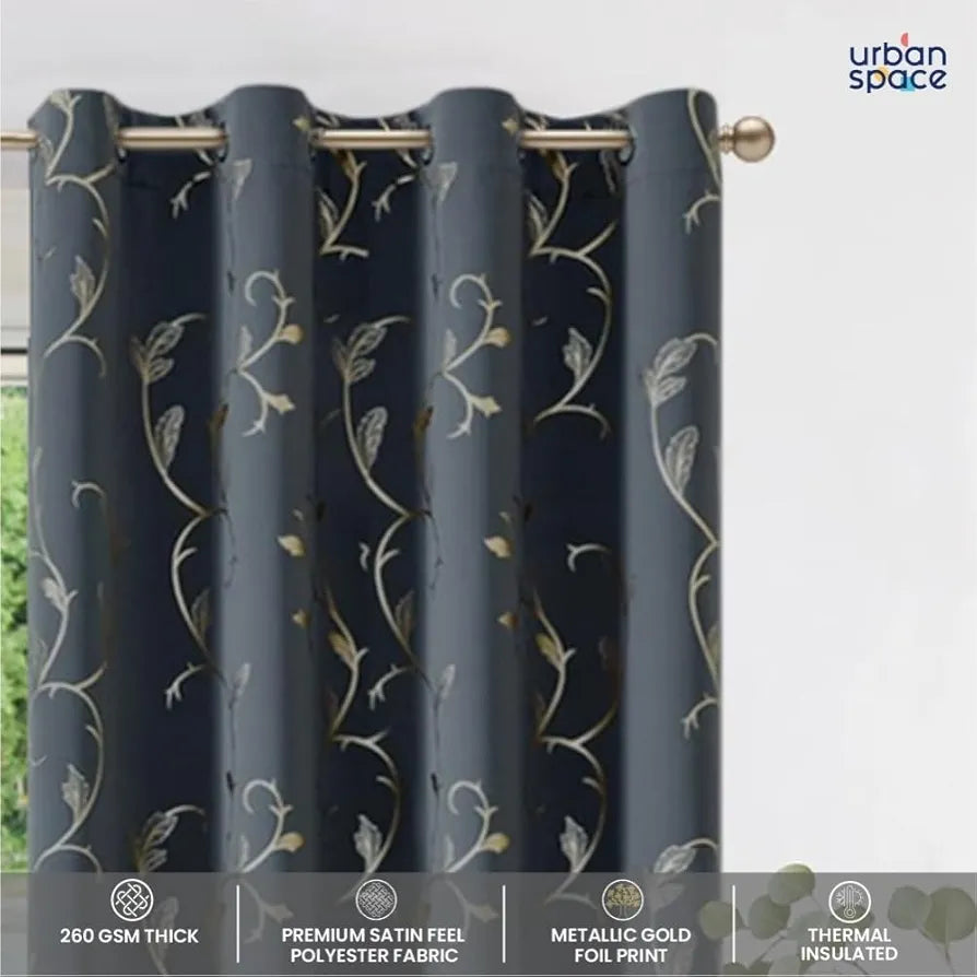 Urban Space Pure Blackout Opaque Curtains for Living Room, Gold Foil Printed Luxurious 80-85% Blackout Opaque Curtains Eyelet with Tieback, 1 Piece Pack, Floral Vine Grey 