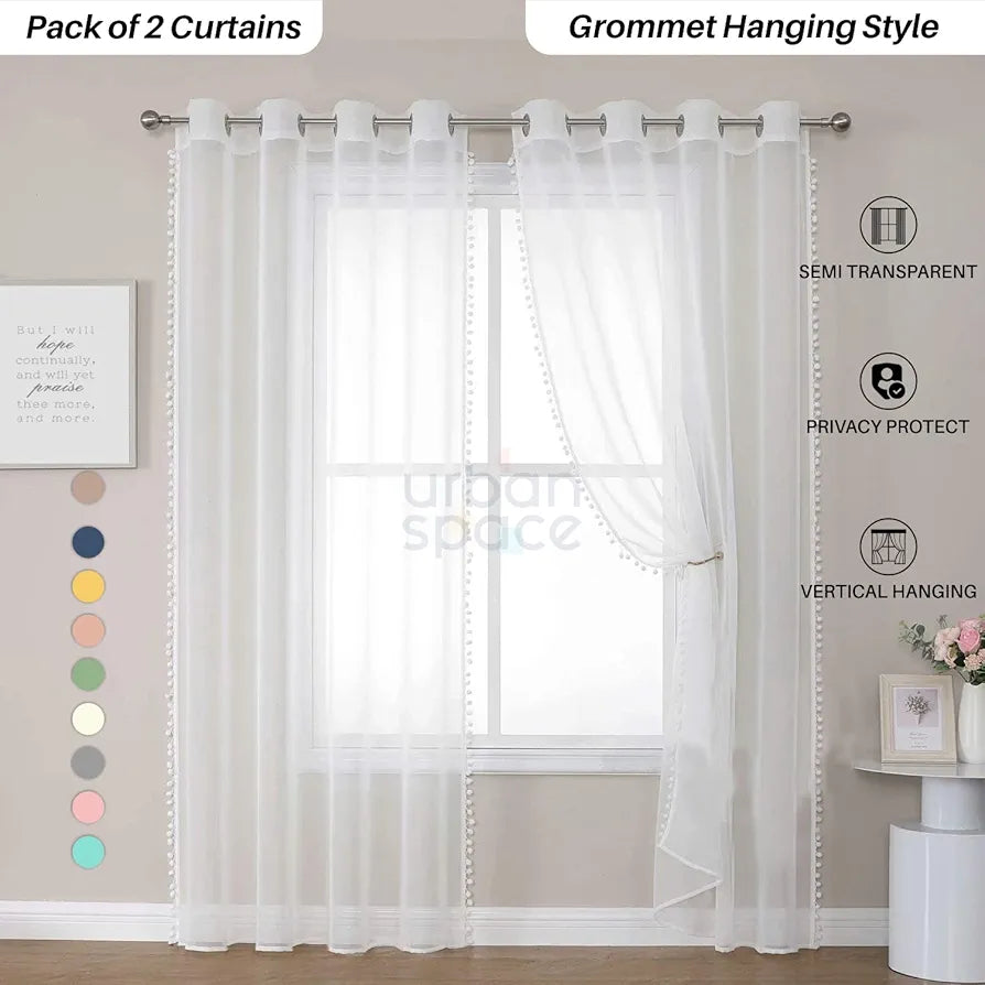 Urban Space Linen Textured Sheer Curtain for Door Living Room, 35-40% Room Darkening, Decorative Curtains with Eyelets, Set of 2 Curtains - White with pom pom 