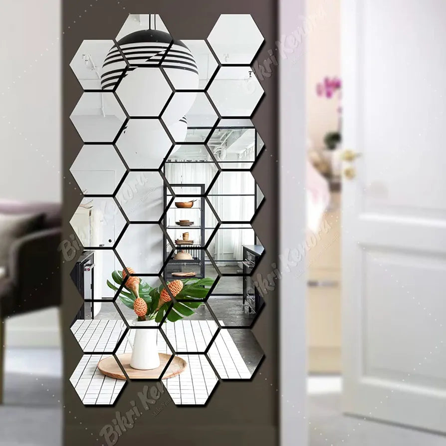 Bikri Kendra - Hexagon 28 Silver with 20 Butterfly Mirror Stickers for Wall, Hexagon Mirror Wall Stickers, Acrylic Sticker, Hexagonal Wall Sticker-Self-Adhesive