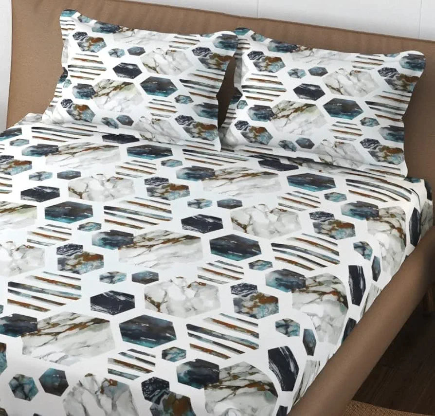 Trance Home Linen 250TC Premium 100% Cotton Printed Queen Size Fitted Bedsheet with 2 Pillow Covers - 