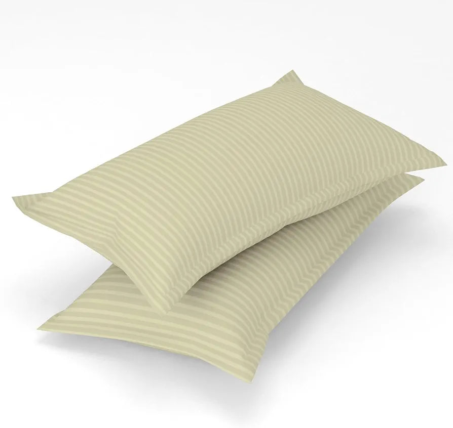 Homefab India 160 TC Stripe Cotton Feel Glace Cotton Elastic Fitted King Size Double Bed Bedsheet with 2 Pillow Covers Fits Upto 6 inches Mattress, Size-72X78 inches, Ecru