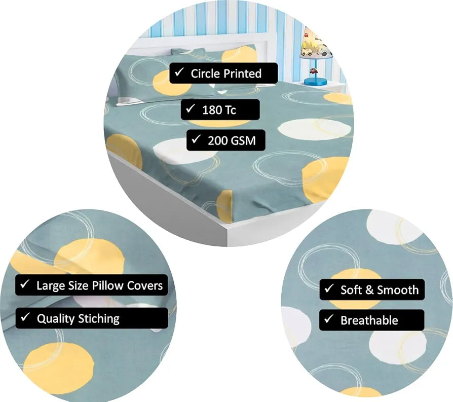 HOMEKART Premium Cotton Elastic Fitted Bedsheets with 2 King Size Pillow Covers Double Bed with All Around Elastic Supersoft Size - 72 x 78 +10 inches Cricle Printed Grey & White 200 tc - 220 tc