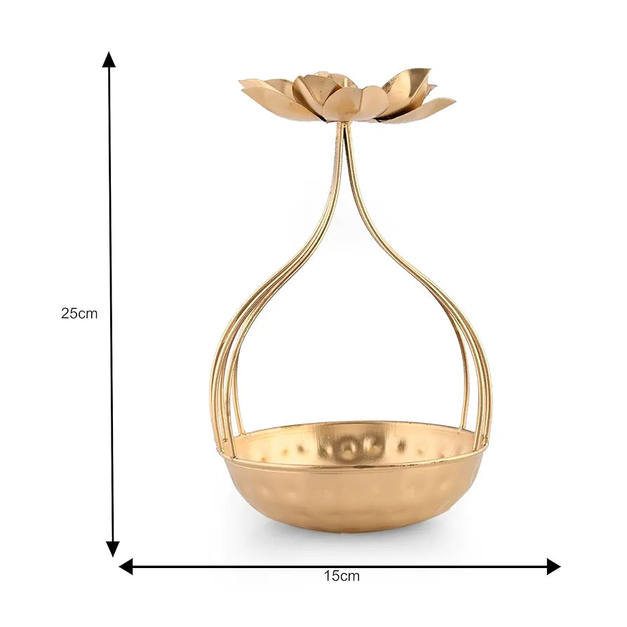 CraftVatika Metal Lotus Tealight Candle Holder for Diwali Decoration Items for Home with Base of Urli Bowl, Diwali Gift Items,- Gold 