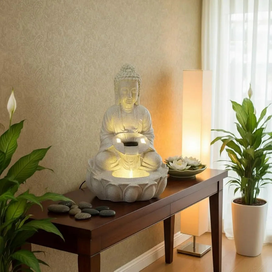 ALILA Meditating Kamal Buddha Water Fountain Statue for Home Living Room Decor Decoration Indoor Outdoor Gifting Items, 21inches/53cm