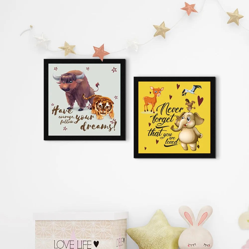 ArtX Set of 4 Cartoons Animals Kids Room Wall Art Painting, Framed Paintings 20 X 20 inches, 10 X 10 each, Multicolor, Synthetic Wood, Set Of 4 Wall Art 