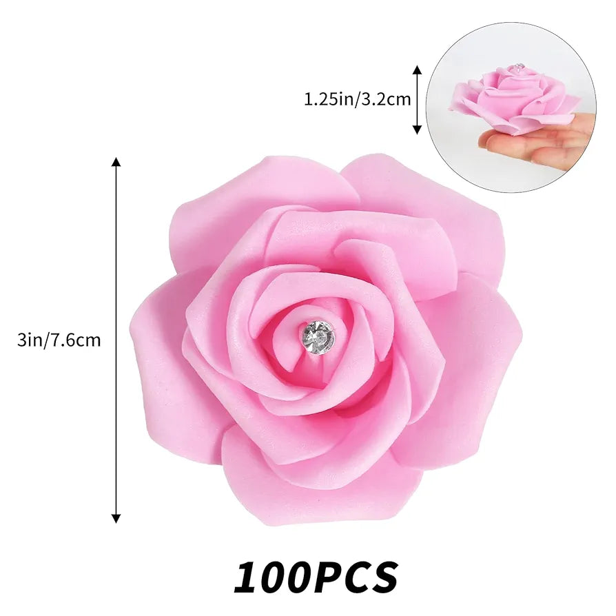 IPOPU 100pcs Pink Foam Rose Artificial Flower Bulk with Crystal 3in Real Looking Stemless Fake Roses for DIY Craft Wedding Bouquets Wall Decoration Bridal Shower Arrangement Home Decorations