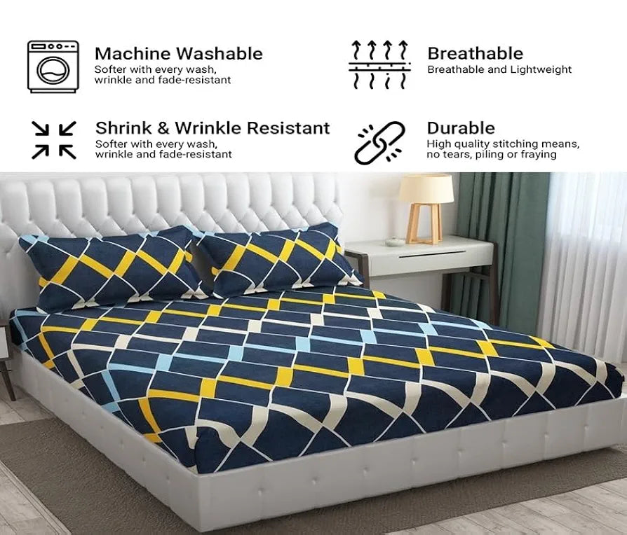 FRESH FROM LOOM Microfiber King Size Double Printed Bedsheet - Hypoallergenic Wrinkle Free Bed Sheets with 2 Pillow Covers , 144 TC